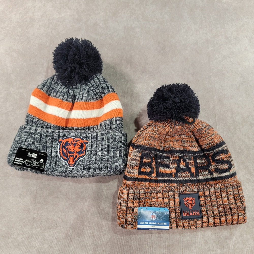 New Era Chicago Bears NFL Sideline Knit Beanie Hat Lot 2 Fleece Lined Pom Cuffs